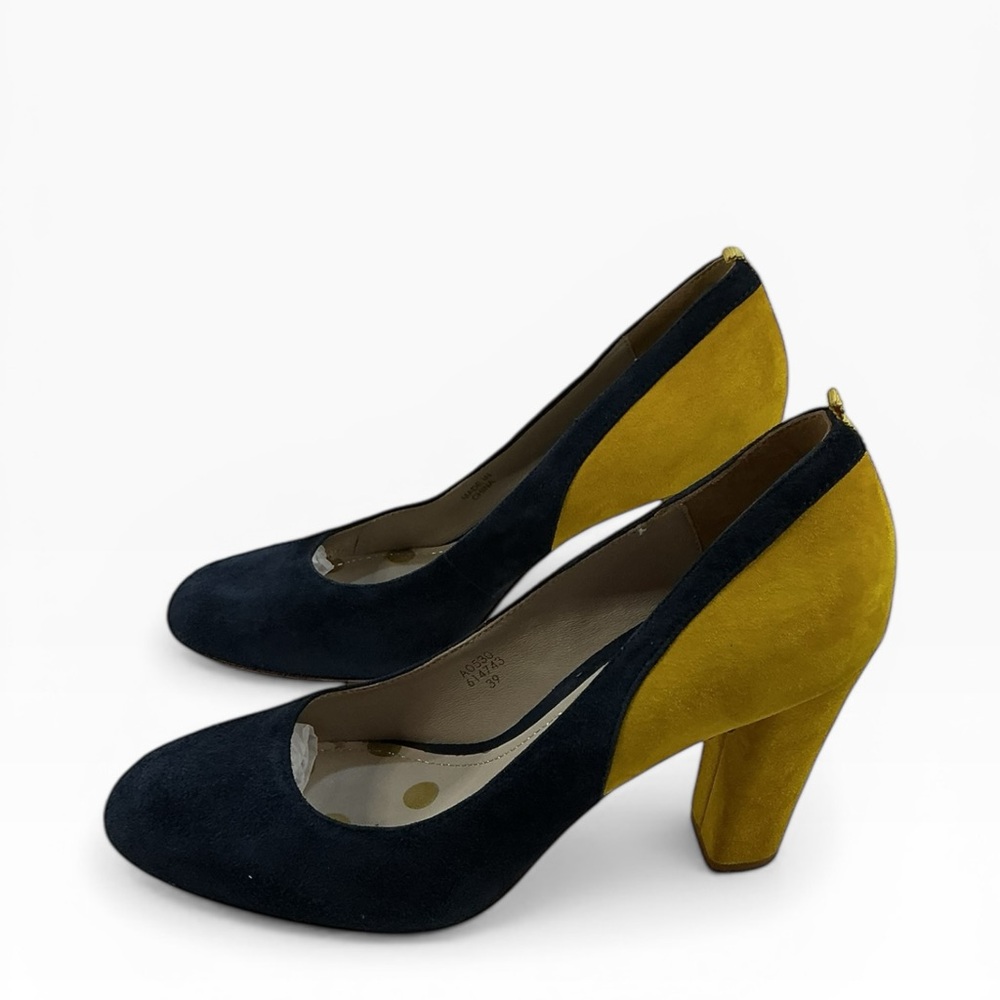 Boden Cathy Navy and Saffron Color block Suede Block Heel Pumps Size 8.5